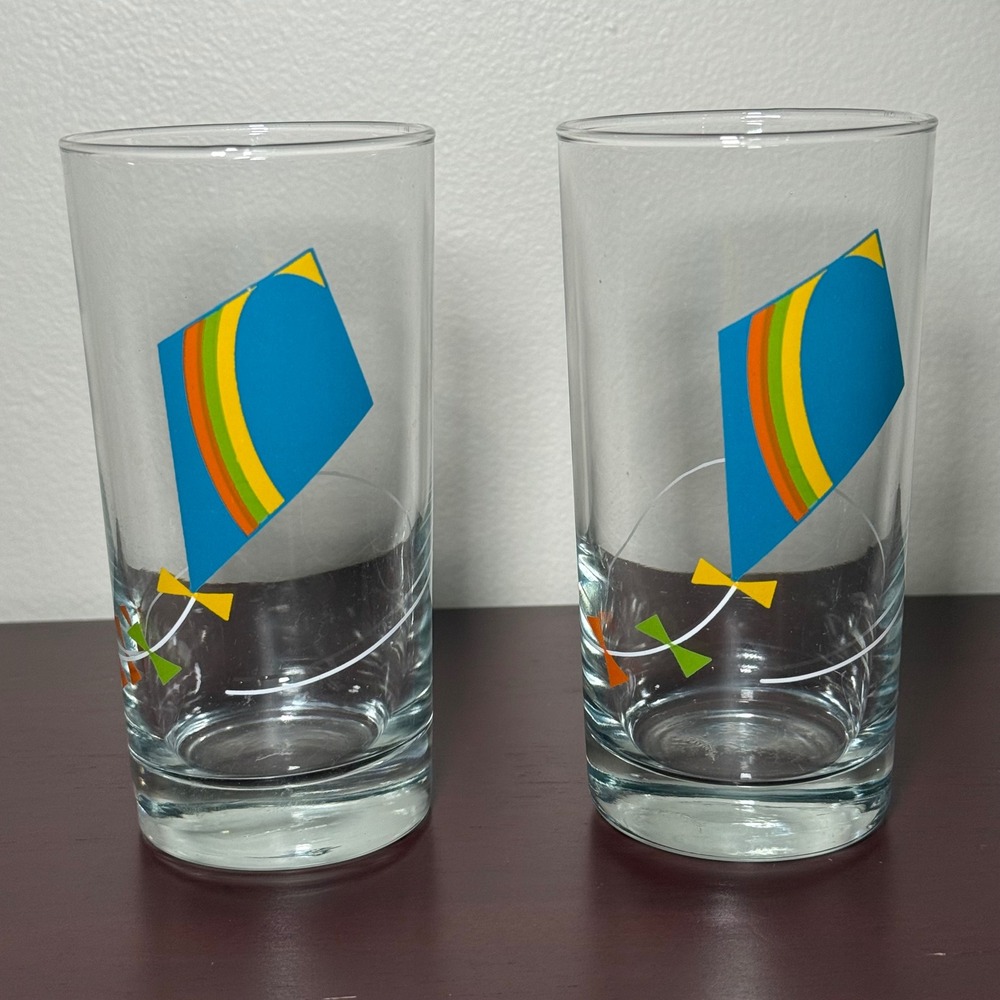 Vintage Drinking Glasses Set of 2 Blue Yellow Kite Highball Tumblers 12oz